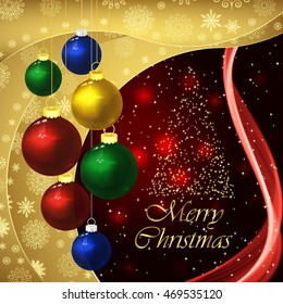 Vector christmas background with baubles on a dark red.