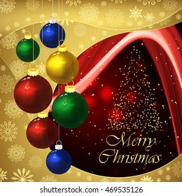 Vector christmas background with baubles on a dark red.