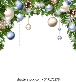 Fondo vectorial de Navidad con bolas azules y plateadas, conos, ramas de abeto, holly y mistletoe.