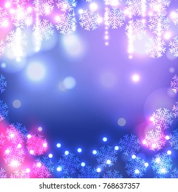 Vector christmas background with bokeh, snowflake and lights. Winter pattern