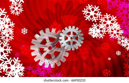 Vector Christmas background c gears of the mechanism and snowflakes.