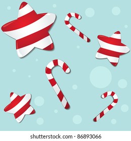 vector christmas background with candies like a star and a cane, and with dots on blue background