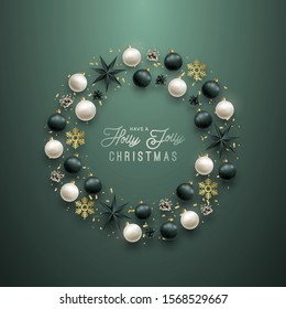 Vector Christmas background. Circle frame with realistic green bauble, stars, golden snowflakes, beads and  gold glitter. Festive Xmas wreath design.