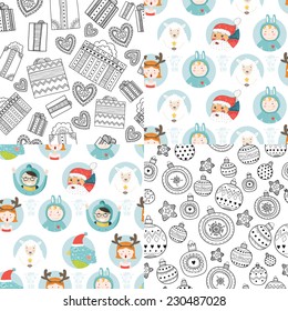 Vector christmas background collection with cartoon santa,  sheep, bird, balls, gifts and childrens. Cute new year patterns holidays