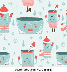 Vector christmas background with cute mug of tea, glass, kettle, tree, snowflakes, and love. Seamless new year pattern