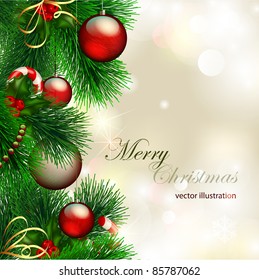 Vector christmas background with decorated christmas tree on shiny background