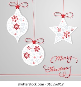 Vector Christmas background with decorations, snowflakes and text
