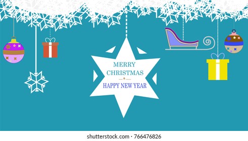 Vector Christmas background with decorative christmas balls,sleigh,star and box. 