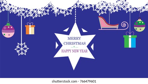 Vector Christmas background with decorative christmas balls,sleigh,star and box. 