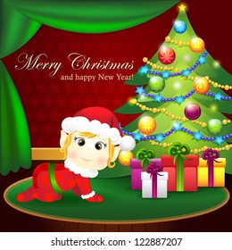 Vector christmas background with elf, christmas tree, gifts and curtains.