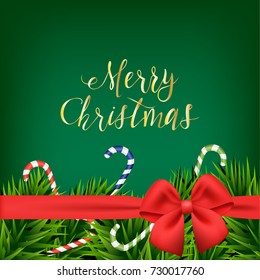 Vector Christmas background with fir branch, cane candy and red bow. Green illustration with lettering "Merry Christmas".