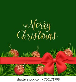 Vector Christmas background with fir branch. Red decorative balls and red bow with ribbon. Gold lettering "Merry Christmas".