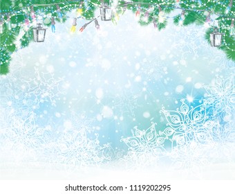 Vector  Christmas background.  Fir branches, decorations   on blue, bokeh, snowflakes background.