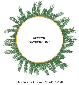 Vector Christmas background with fir branches, lights and gold frame