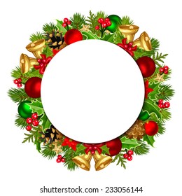 Vector Christmas background with fir branches, balls, bells, holly, poinsettia and cones.