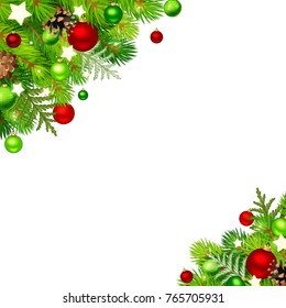Vector Christmas background with fir branches, red and green balls, cones and stars.