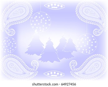 vector christmas background with fir trees, balls, and ornaments