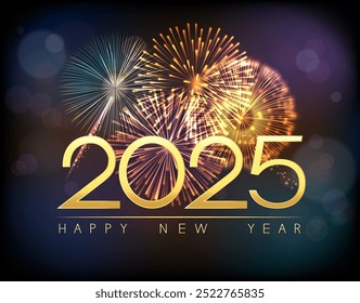 Vector Christmas background with fireworks and inscription Happy New Year 2025.