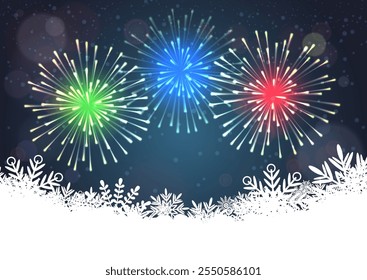 Fundo de Natal vetor com fogos de artifício e flocos de neve, Feliz Ano Novo 2025.