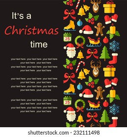 Vector christmas background with flat icons and place for text on  black 