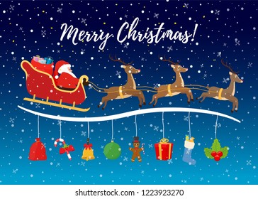 Vector Christmas background - flying sleigh with reindeers, Santa, candies, sugar cane and others for ad poster, promo banner or sale. Made in cartoon flat style.