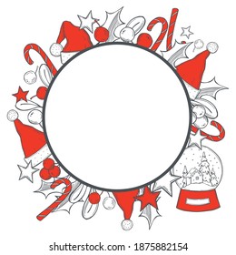 Vector Christmas   background frame with hand drawn Santa Claus hats. Sketch  illustration.