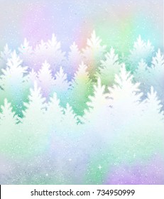 Vector Christmas background with frosty winter spruce forest silhouettes in pastel colors.