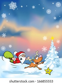 vector christmas background with funny santa claus reindeer, xmas tree and evening sky