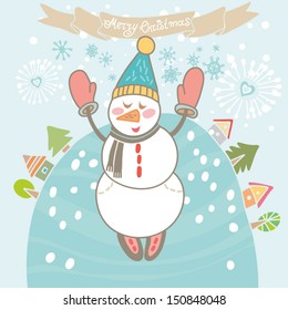 Vector Christmas background with funny Snowman, small houses and trees and ribbon. Winter holiday  greeting card design. One of a small collection greeting cards.