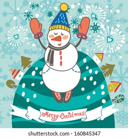 Vector Christmas background with funny Snowman, small houses and trees and ribbon. Winter holiday greeting card design. One of a small collection greeting cards.