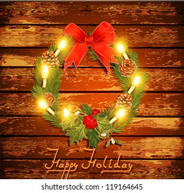 Vector Christmas background with garland on a wooden wall