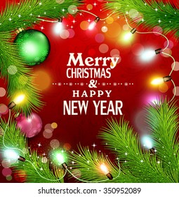 fondo vectorial de Navidad con brillantes garland, ramas de abeto y bolas navideñas sobre fondo rojo
