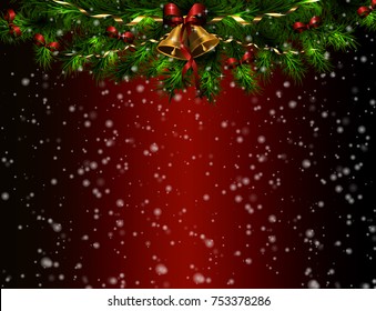 Vector christmas background gold bells red bows pine branches snow