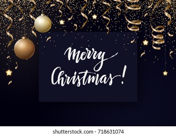 Vector Christmas background with gold serpentines, glitter, confetty and cristmas balls on a dark background.