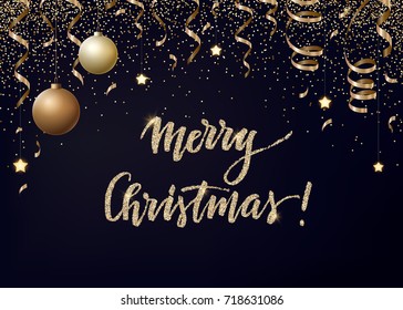 Vector Christmas background with gold serpentines, glitter, confetty and cristmas balls on a dark background.