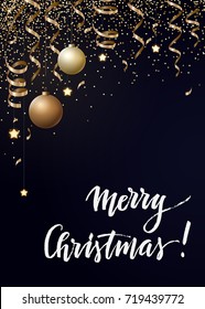 Vector Christmas background with gold serpentines, glitter, confetty and cristmas balls on a dark background.