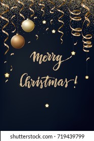 Vector Christmas background with gold serpentines, glitter, confetty and cristmas balls on a dark background.