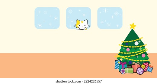 Vector de fondo navideño. Gráfico para vacaciones de Navidad. Saludo de temporada. El paisaje de los alrededores con un regalo en la habitación vacía y el lindo gatito saludan en la ventana.