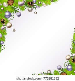 Vector Christmas background with green fir branches, silver and purple balls and cones.