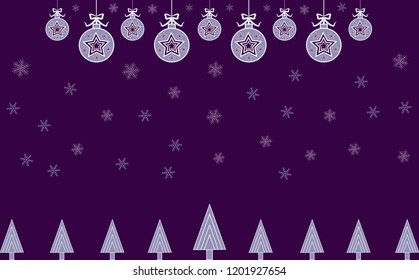Vector Christmas background for greeting card. Christmas trees, balls with bows, snowflakes on a dark purple background. All elements are located on separate layers.
