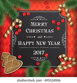 Vector Christmas background with greeting cards, festive gingerbread, beads and Christmas tree branches on a red. Happy New Year. Vector poster