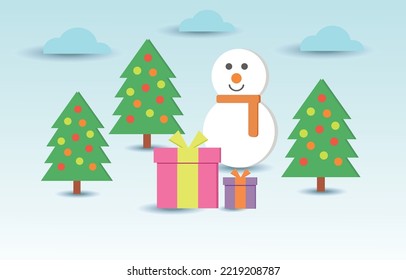 Vector of christmas background group of gift box ,snow man and christmas tree in snow winter.Illustration vector of christmas day background sale concept.use for X mas day festival , winter gift sale.
