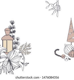  Vector  Christmas background with hand drawn lantern and flowers.  Sketch  illustration.
