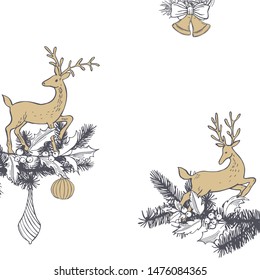  Vector  Christmas background with hand drawn deer.  Sketch  illustration.
