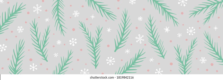 Vector Christmas background with hand drawn spruce branches and snowflakes. Long horizontal banner