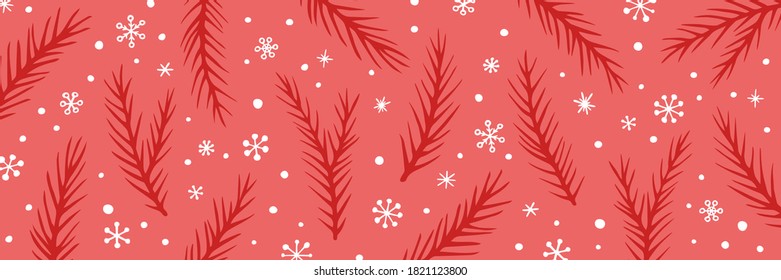 Vector Christmas background with hand drawn spruce branches and snowflakes. Long horizontal banner