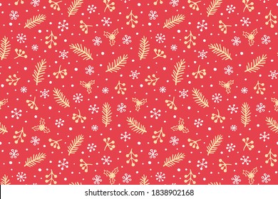 Vector de fondo navideño con ramas de abeto dibujadas a mano, Holly, bayas y copos de nieve.