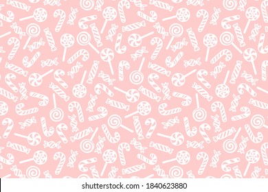 Vector Christmas background with hand drawn lollipops, candy canes and candies.