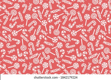 Weihnachtshintergrund mit handgezeichneten Lollipops, Bonbons und Bonbons.