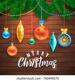 Vector Christmas background with hand made quote "Merry Christmas" and christmas decorations on wooden background. Greeting background. Lettering. Banner, flyer, poster, brochure. Advertising
